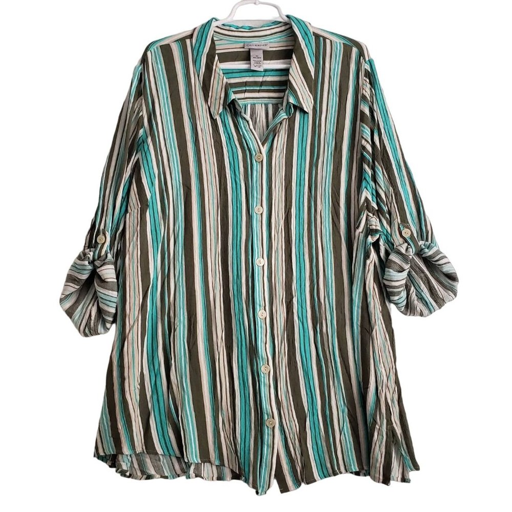 Catherines Button-Up Top Womens 3X 3/4 Roll-Tab Sleeve Blue Green White Casual